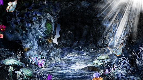 Magic cave with crystals, mushrooms and butterflies