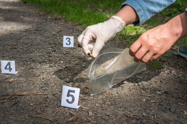 enquêteur recueille des preuves - investigation de scène de crime - evidence marker photos et images de collection