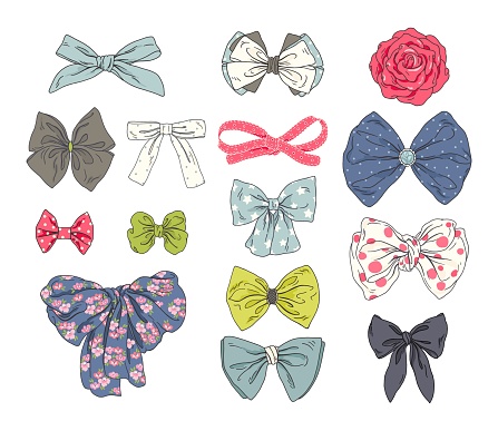 Fashion collection of bows. Vector colorful illustration in rustic style.
