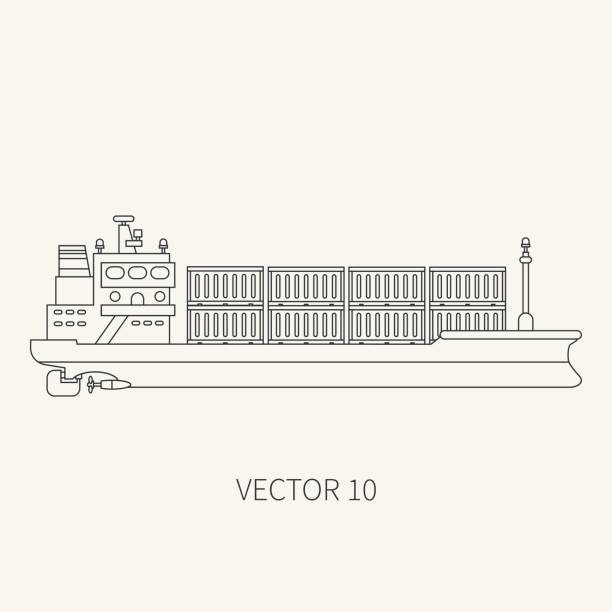 Line flat vector retro icon container cargo ship. Merchant fleet. Cartoon vintage style. Ocean. Sea. Barge. Comercial. Transportation. Captain. Sail. Simple. Illustration and element for your design. Line flat vector retro icon container cargo ship. Merchant fleet. Cartoon vintage style. Ocean. Sea. Port. Barge. Comercial. Transportation. Captain. Sail. Simple Illustration and element for design rockefeller center illustration stock illustrations
