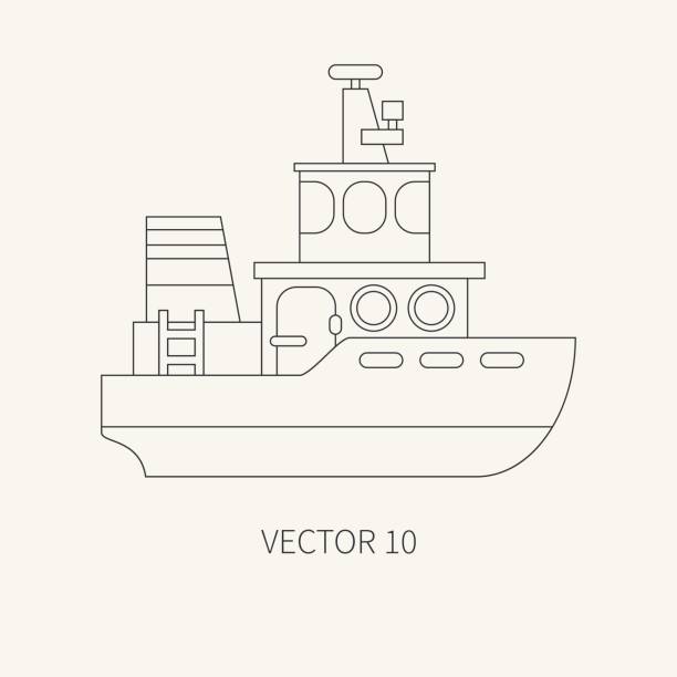 Line flat vector retro icon comercial tugboat. Merchant fleet. Cartoon vintage style. Ocean. Sea. Barge. Tow. Port. Transportation. Captain. Sail. Simple. Illustration and element for your design. Line flat vector retro icon comercial tugboat. Merchant fleet. Cartoon vintage style. Ocean. Sea. Barge. Tow. Port. Cargo. Transportation. Captain. Sail Simple Illustration element for your design rockefeller center illustration stock illustrations