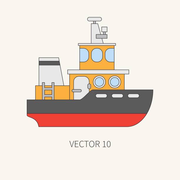Line flat vector color icon comercial tugboat. Merchant fleet. Cartoon vintage style. Ocean. Sea. Barge. Tow. Port. Transportation. Captain. Sail. Simple. Illustration and element for your design. Line flat vector color icon comercial tugboat. Merchant fleet. Cartoon vintage style. Ocean. Sea. Barge. Tow. Port. Cargo. Transportation. Captain. Sail Simple Illustration element for your design rockefeller center illustration stock illustrations