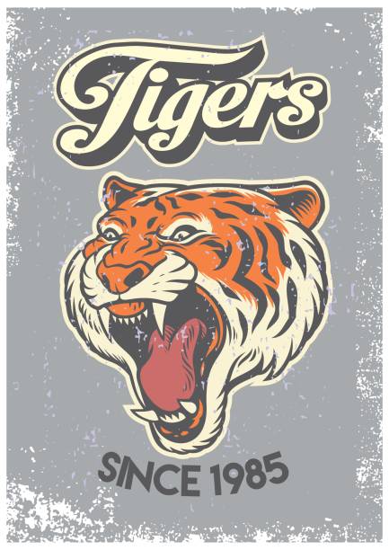 ilustraciones, imágenes clip art, dibujos animados e iconos de stock de estilo vintage grunge de cartel colegio de cabeza del tigre - university education screaming shouting