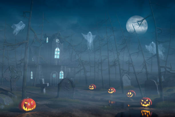 istock Cabin in a Halloween forest with pumpkin lanterns at night 825097372
