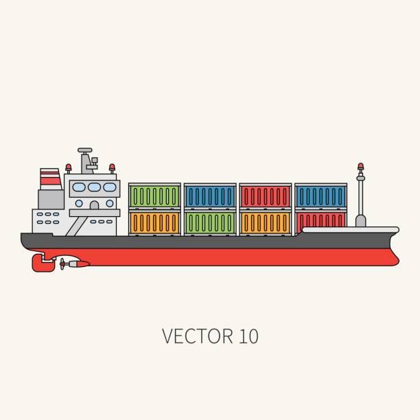 Line flat vector color icon container cargo ship. Merchant fleet. Cartoon vintage style. Ocean. Sea. Barge. Comercial. Transportation. Captain. Sail. Simple. Illustration and element for your design. Line flat vector color icon container cargo ship. Merchant fleet. Cartoon vintage style. Ocean. Sea. Port. Barge. Comercial. Transportation. Captain. Sail. Simple Illustration and element for design rockefeller center illustration stock illustrations