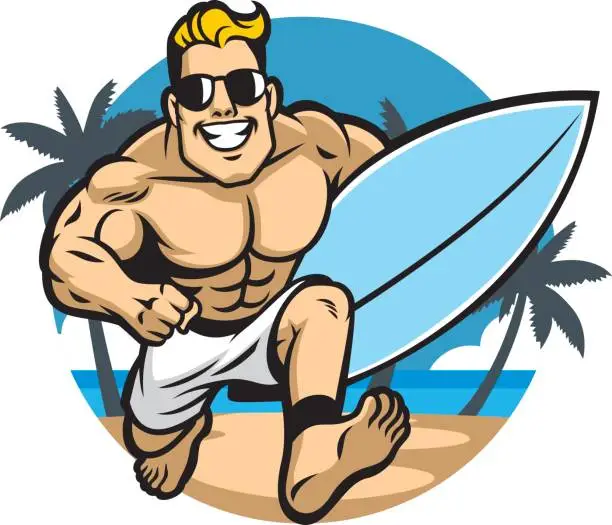 Vector illustration of muscle body surfer running at the beach