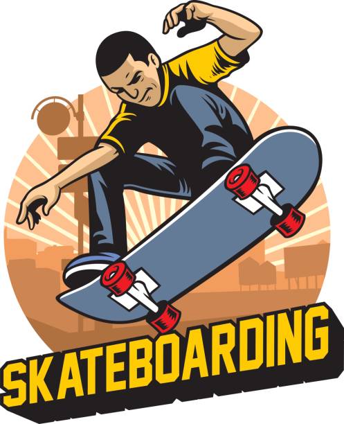 illustrazioni stock, clip art, cartoni animati e icone di tendenza di skater fare il trucco di salto skateboard - skateboard park extreme sports recreational pursuit skateboarding