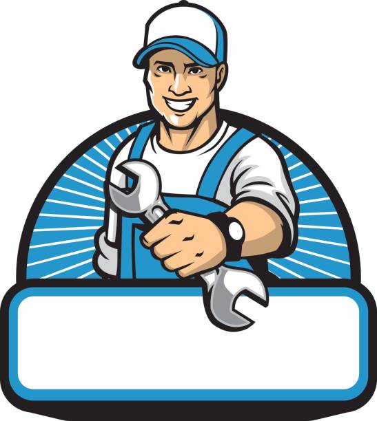 механик талисман с гаечным ключом - mechanic plumber repairman repairing stock illustrations