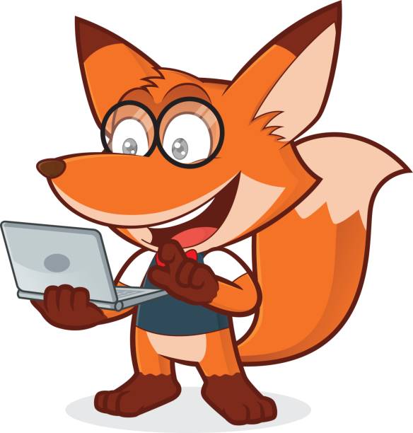 Fox geek con un ordenador portátil - ilustración de arte vectorial