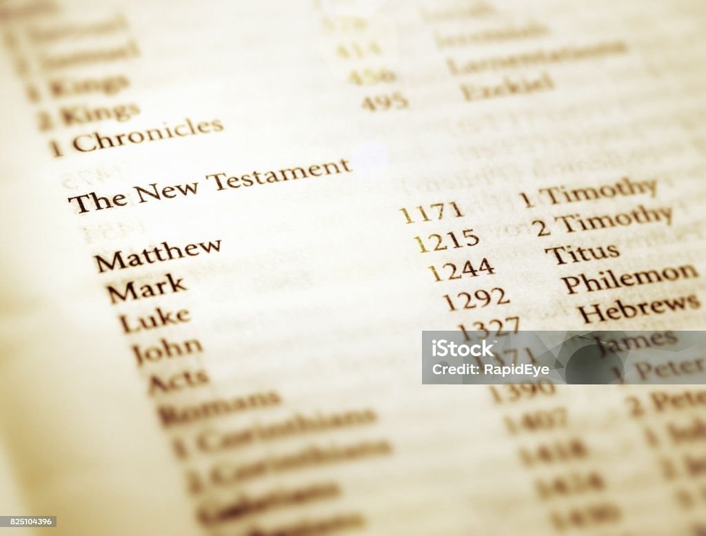 Title page of the Bible showing books of New Testament Cropped shot of the title page of a copy of the Holy Bible, showing the books of the New Testament. New Testament Stock Photo