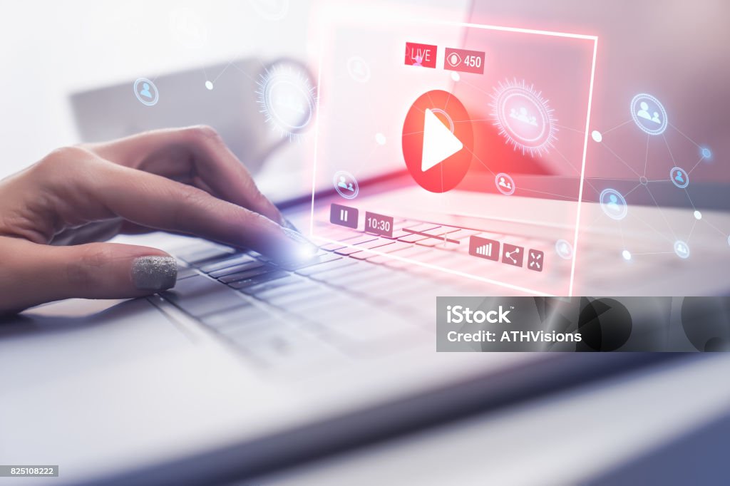 Woman hand using modern laptop computer to connect with live streaming video on social network Movie Stock Photo