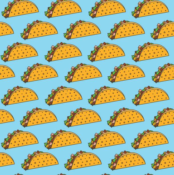 ilustrações de stock, clip art, desenhos animados e ícones de bright mexican fastfood seamless pattern with tacos on blue background - mexican cuisine cartoon taco kidney bean