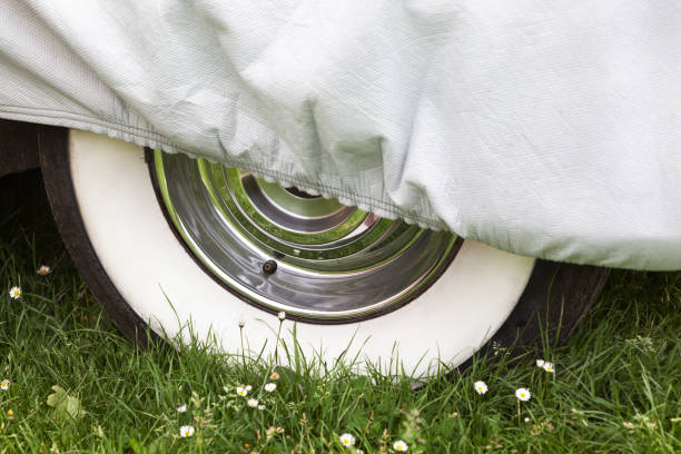 Wheel of a classic car with protective cover