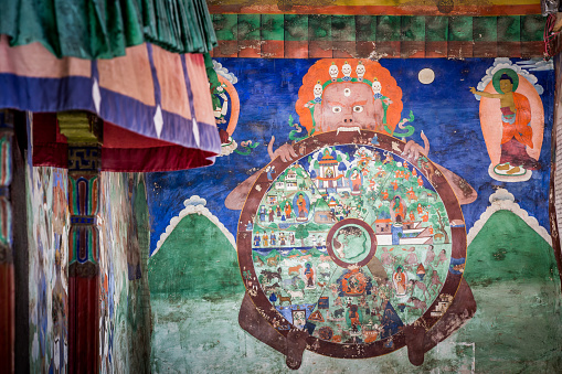 Fresco de la pared de budistas tibetanos en un monasterio photo