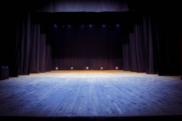 An empty stage of the theater, lit by spotlights
