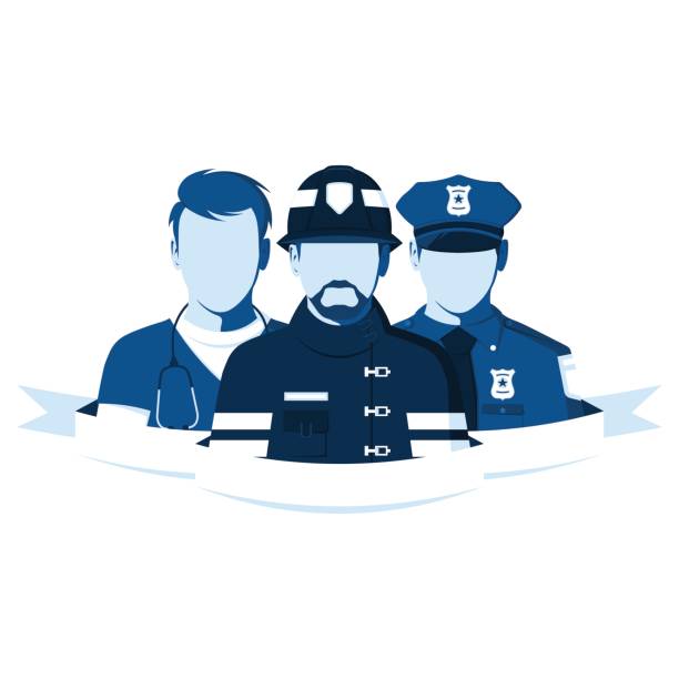 Employees of the ambulance, police and fire department Emblem of rescue team. Silhouettes of people of emergency service. Employees of the ambulance, police and fire department. Firefighter, policeman and paramedic in flat style. Vector illustration. paramedic stock illustrations