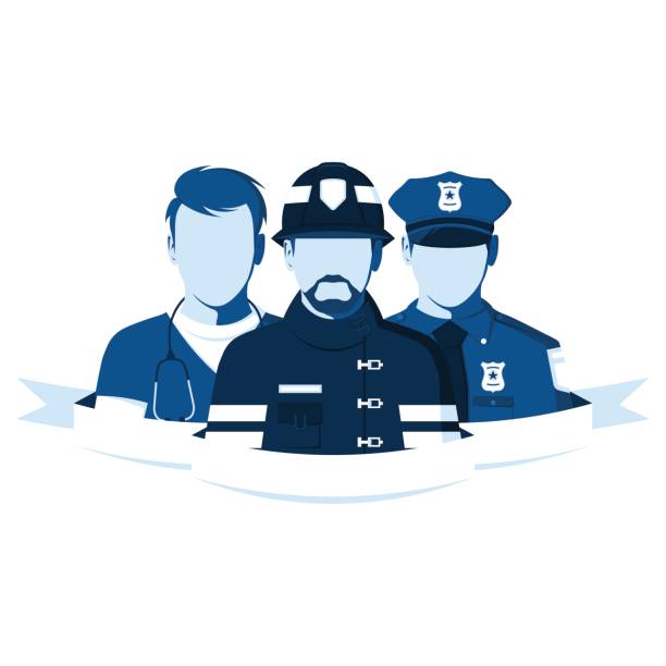 Employees of the ambulance, police and fire department Emblem of rescue team. Silhouettes of people of emergency service. Employees of the ambulance, police and fire department. Firefighter, policeman and paramedic in flat style. Vector illustration. first responders icon stock illustrations