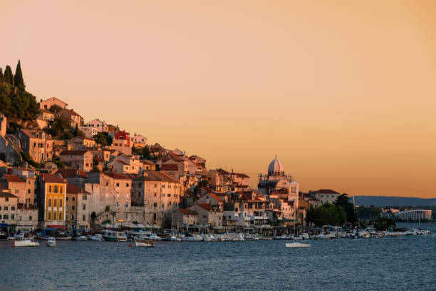 istock Small european harbor at sunset 825116966