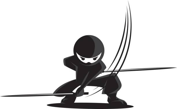 Ninja Samurai Warrior Fighter Character Cartoon Martial Art Weapon Swords vector art illustration
