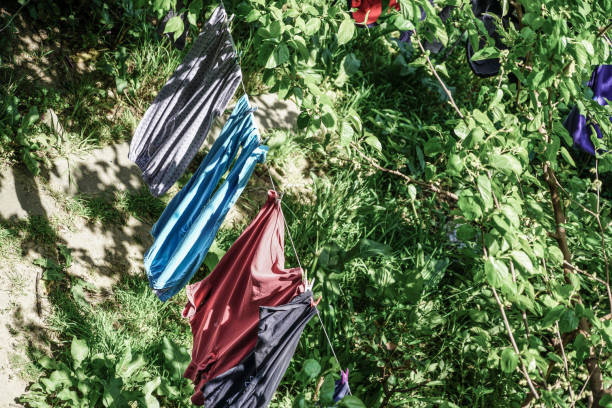 istock hanged clothes at garden in order to drying 825118248