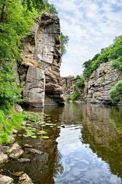 istock Green trees in a canyon against a cloudy sky background 825124930