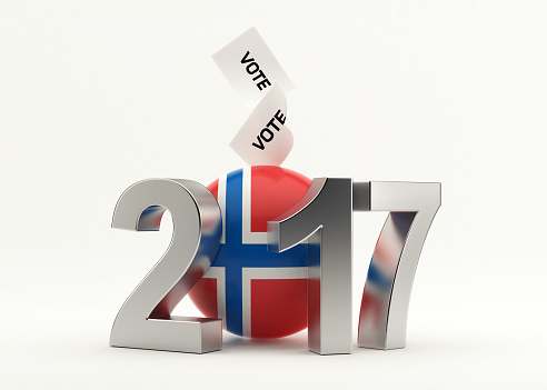 2017 Norwegian parliamentary elections concept. Vote envelopes are entering into a ballot container. 2, 1 and 7 figures are composing number 2017 together with a round shaped ballot container. Ballot container is covered with Norwegian flag. Isolated on white background. Clipping path is included. Horizontal composition with copy space. Great use for German presidential elections related concepts.