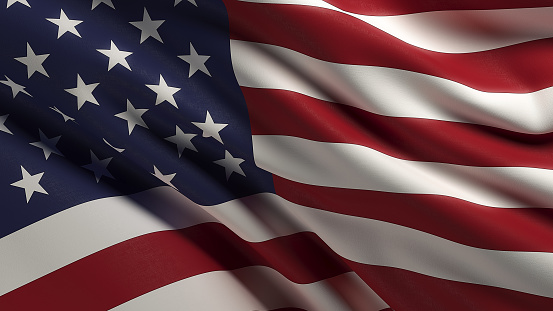 High quality 3d render of a waving American flag. Front view wirh copy space. Clipping path is included. Great use for American politics and American culture related concepts. Horizontal composition.