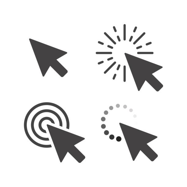 ilustraciones, imágenes clip art, dibujos animados e iconos de stock de ratón de la computadora, haga clic en conjunto de los iconos de flecha de cursor gris. ilustración de vector - puntero