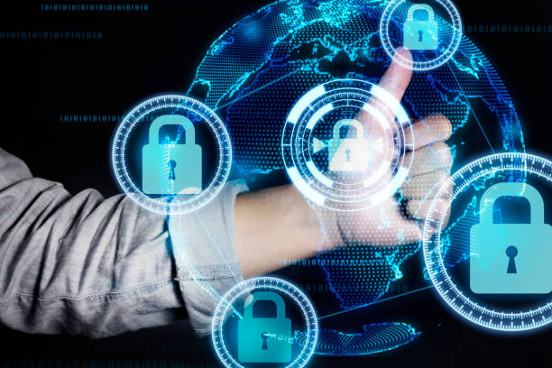 istock Man hand thumb up sign with cyber security technology 825129836