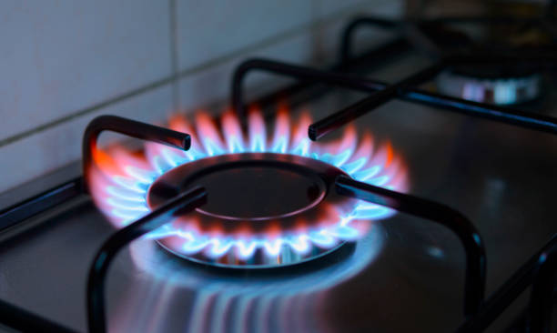 istock Blue and orange flames on a gas stove burner 825130080