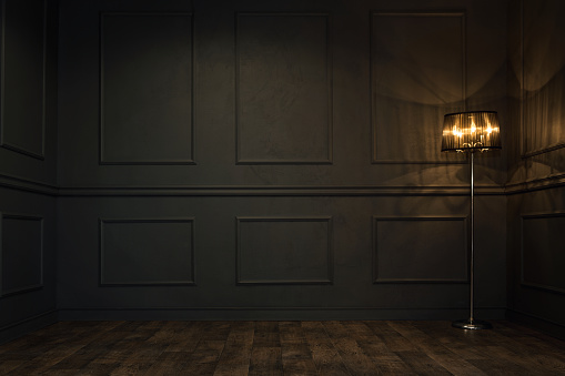 Empty, elegant vintage room at night with copy space