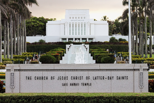 Honolulu, Hawaii - May 27, 2016: The Church of Jesus Christ of Latter-Day Saints Laie Hawaii Temple located on the northeast shore of the Hawaiian island of Oahu.