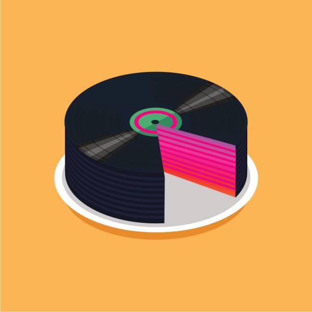 Birthday cake and vinyl disc collection. Vintage music poster. vector art illustration