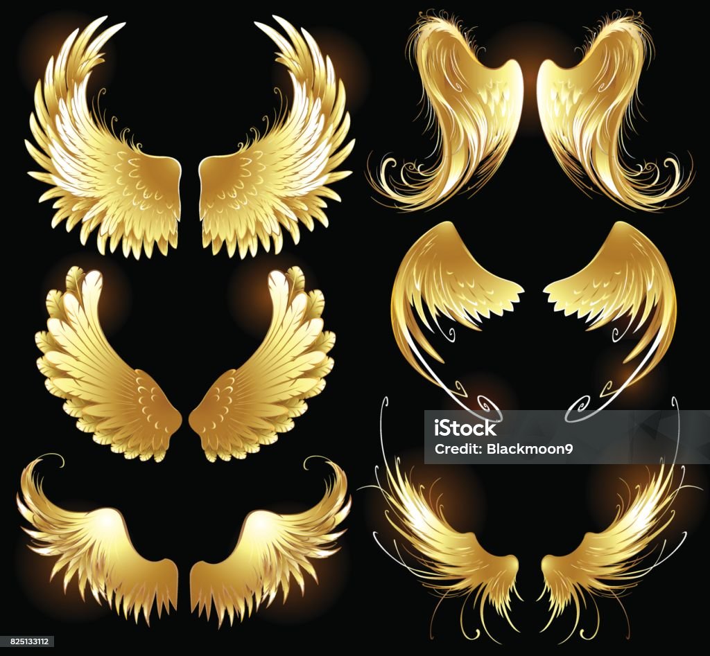 golden wings of angels Arts painted, gold angel wings on a black background. Gold - Metal stock vector