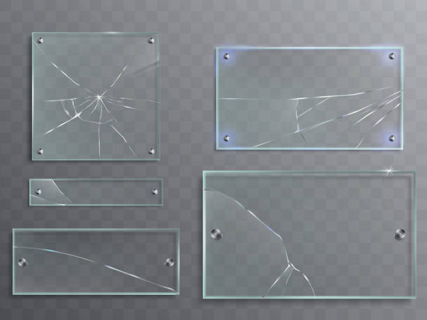 Vector illustration set of transparent glass plates with cracks, cracked panels Vector illustration set of transparent glass plates with cracks, cracked panels with metal accessories isolated on translucent background mirror object patterns stock illustrations