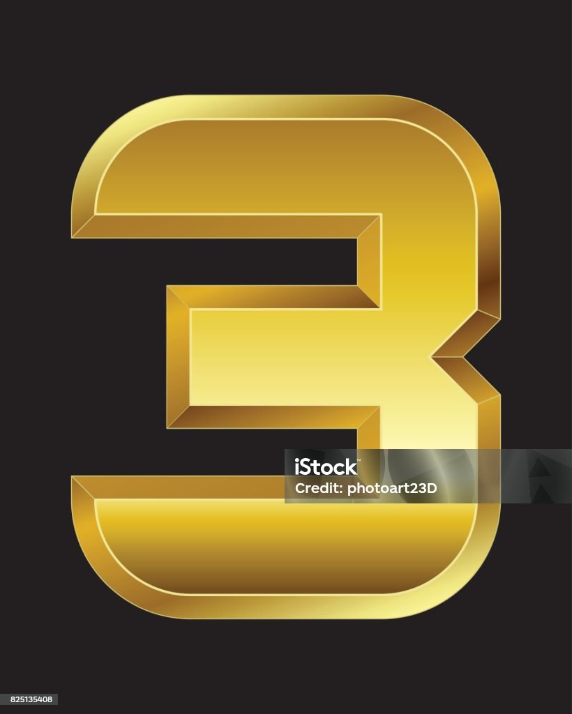Rectangular Beveled Golden Font Number 3 Stock Illustration - Download