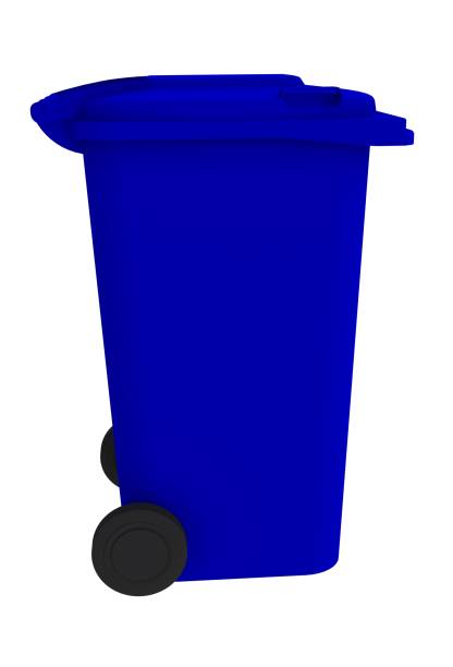 istock Beside view of blue garbage wheelie bin with a closed lid on a white background, 3D rendering 825139632