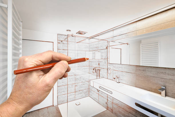 Drawing renovation of a luxury bathroom Drawing renovation of a luxury bathroom estate home shower renovation stock pictures, royalty-free photos & images