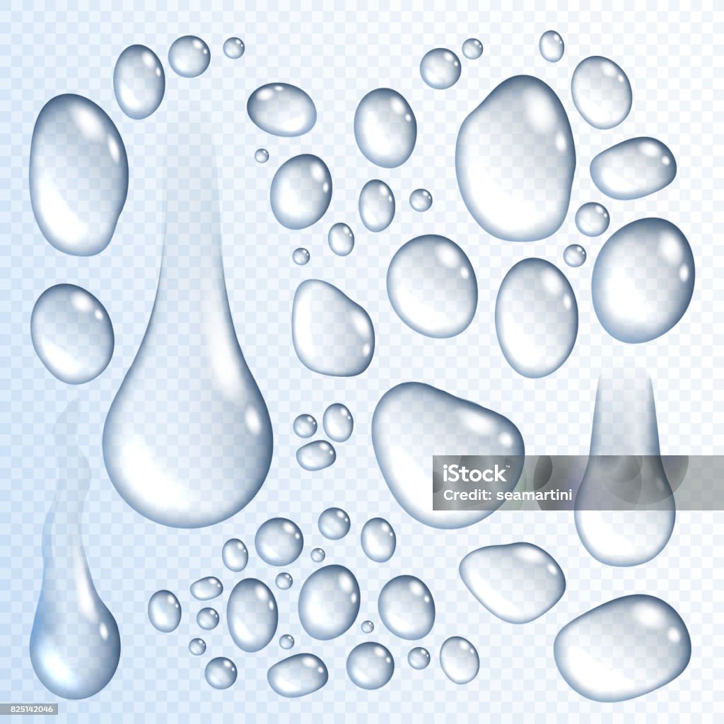 Realistic water drops vector transparent 3D icons Water drops set on transparent background. Realistic isolated vector 3D dew droplets or raindrops flowing or dripping on surface, water condensation splash drops or drips with light reflection effect Drop stock vector