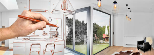 istock Drawing renovation of a Open modern kitchen 825142356