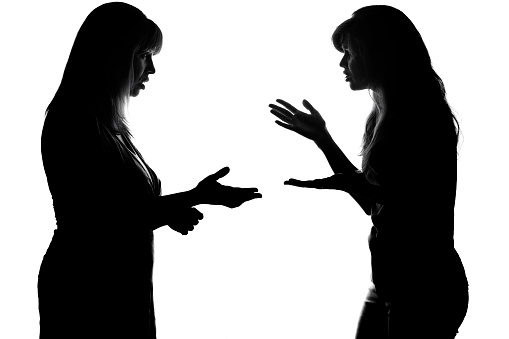 Silhouette of parenting daughter of a teenager on white isolated background, parent screaming, teenager show Disagreement