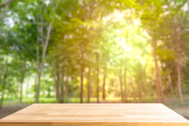 istock Empty Wooden table for display product and blurry forest in background 825146438