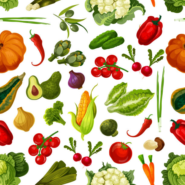 illustrations, cliparts, dessins animés et icônes de légumes motif sans couture. - fruits et légumes