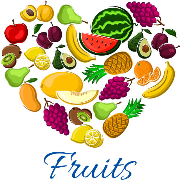 illustrations, cliparts, dessins animés et icônes de fruits coeur ferme exotique farvest vector affiche - fruits et légumes