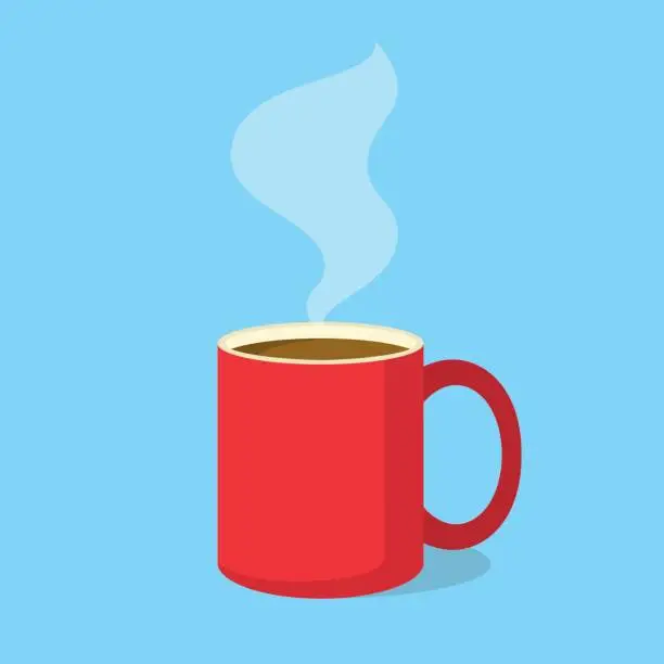 Vector illustration of Red coffee mug with steam in flat design style. Vector illustration