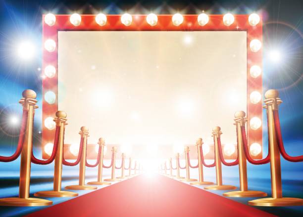 Red Carpet Light Bulb Sign Red carpet background with theatre or cinema style light bulb sign paparazzi photographer illustrations stock illustrations