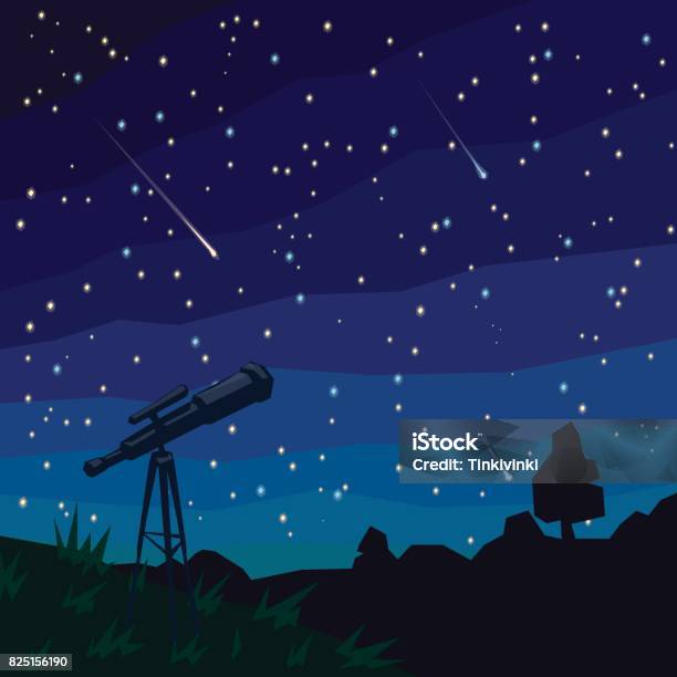 Stargazing Falling Stars Natural Landscape Night Starry Sky And Telescope On Foreground Stock Illustration - Download Image Now