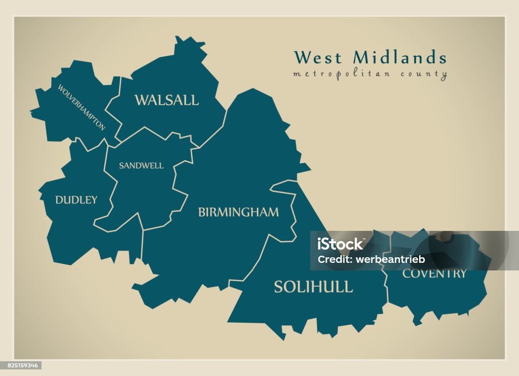 Modern Map - West Midlands metropolitan county with district captions England UK UK stock vector