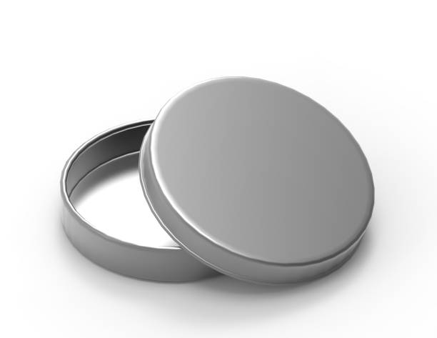 istock Round thin aluminium container with lid and blank shoe polish box isolated on a white background. 3D render illustration. 825159866