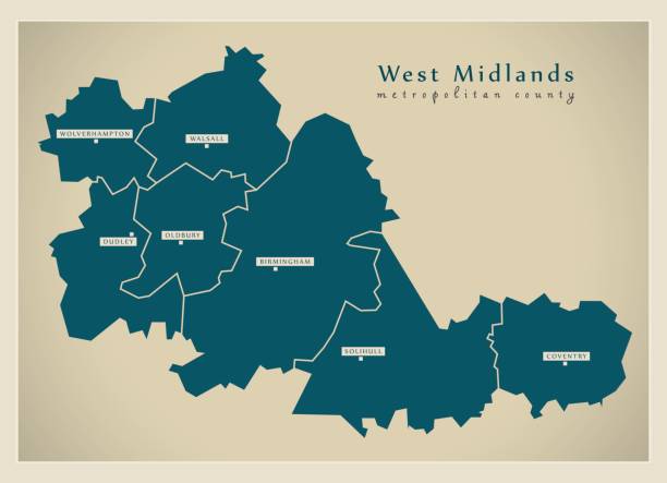 현대 지도-도시와 지구 영국 영국 웨스트 미들 랜드 메트로 폴 리 탄 현 - west midlands stock illustrations